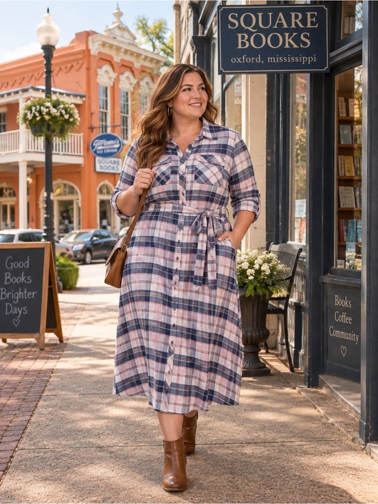 Lane Bryant Dresses & Skirts - Lane Bryant Womens Pink Navy Plaid Button Front Midi Shirt Dress Size 20 NWOT